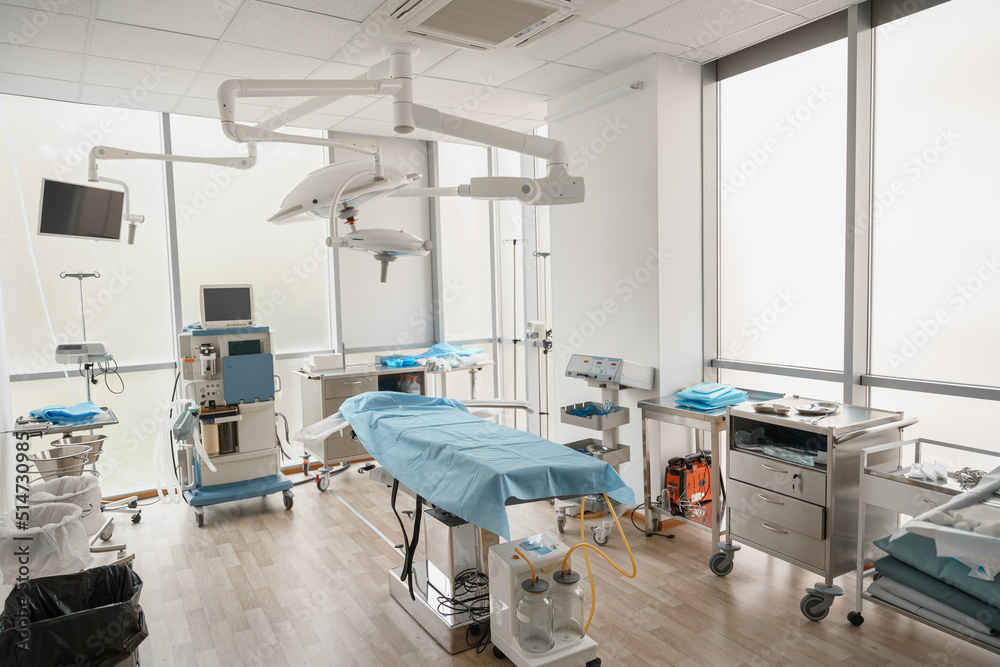 Surgical Operating Rrom Interior of operation room with different medical equipment ready for ...