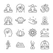 Meditation icons set. Preemptions for meditation, a technique for emotional and mental relaxation, linear icon collection. Line with editable stroke