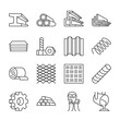 Metal products icons set. Fabrication of metal raw materials, parts, linear icon collection. T-beam, tube, channel, angle, hardware, bending, spring, mesh, metal bar, gear, casting. Line with editable