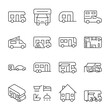 Motorhome icons set. Motor homes on wheels. Different variants of a mobile home with a sleeping place, linear icon collection. Line with editable stroke