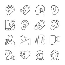 Hearing Aid Icons Set. Volume Booster For Ears, For The Deaf Old And Young. For Better Hearing, Linear Icon Collection. Line With Editable Stroke