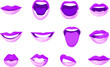 Set of woman's lips in different facial expressions including smiling, speaking, and licking.. Isolated vector illustrations.