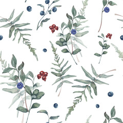 Watercolor Seamless Pattern Background with Forest Berries and Fern on White Background.