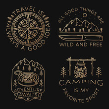 Set Of Camping Badges, Patches. Vector Illustration. Concept For Shirt Or Logo, Print, Stamp Or Tee. Vintage Line Art Design With Camping Tent, Knife, Pot On The Fire, Forest And Camper Compass.
