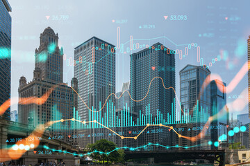 Panorama cityscape of Chicago downtown and Riverwalk, boardwalk with bridges at day time, Illinois, USA. Forex graph hologram. The concept of internet trading, brokerage and fundamental analysis