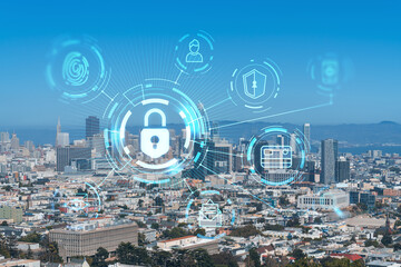 Wall Mural - Panoramic view of San Francisco skyline at daytime from hill side. Financial District, residential neighborhoods. The concept of cyber security to protect confidential information, padlock hologram