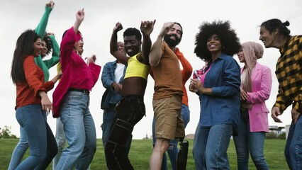 Wall Mural - Young multiracial friends having fun dancing together in park - Friendship and diversity concept