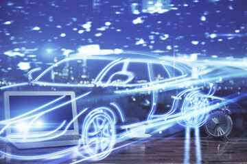 Poster - Desktop computer background in office with automobile hologram drawing. Multi exposure. Tech concept.