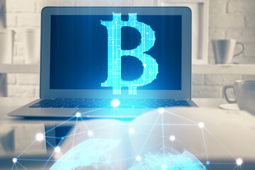 Aufkleber - Multi exposure of blockchain theme hologram and table with computer background. Concept of bitcoin crypto currency.