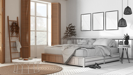Sticker - farmhouse modern country bedroom. Double bed with blankets. Windows with shutters and parquet floor, carpet and decors