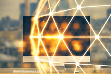 Poster - Computer on desktop with social network theme icon. Multi exposure. Concept of international connections.