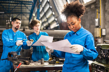 Wall Mural - Senior asian engineer man and african american woman worker  in protective uniform operating machine at factory Industrial.Teamwork working in industry.