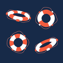 Set Of Striped Red And White Lifebuoys With Rope Around, Vector Icon. Flat Cartoon Illustration, Clipart.