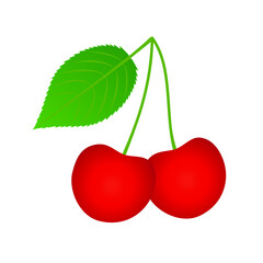 Wall Mural - Two ripe cherries with a leaf on a white background.