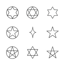 Pentagram And Hexagram Icons In A Flat Style. Abstract Linear And Black Collection. Vector Logo Design