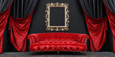Wall Mural - 3D render of vintage luxury armchair and frame in room, An empty frame above the sofa in a black wall interior with black and red curtains.