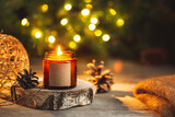Holiday candle in a glass jar with label mock up