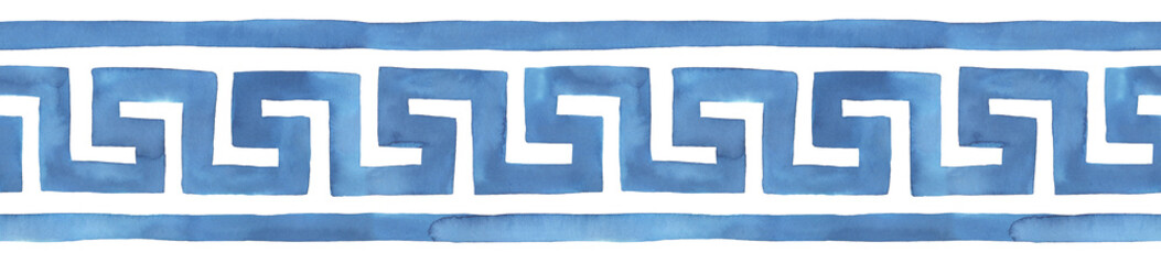 seamless repeatable border of stylized greek key (meander) pattern in blue colour with artistic stai