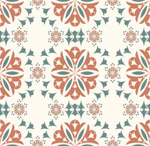 Vector Ethnic Geometric Flower Shape Colorful Brown Green Seamless Pattern On White Cream Background. Use For Fabric, Textile, Interior Decoration Elements, Upholstery, Wrapping.