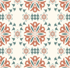 Vector ethnic geometric flower shape colorful brown green seamless pattern on white cream background. Use for fabric, textile, interior decoration elements, upholstery, wrapping.