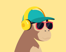 Monkey Listens Music With Headphones. Avatar Of Chimpanzee In Cap And Glasses.