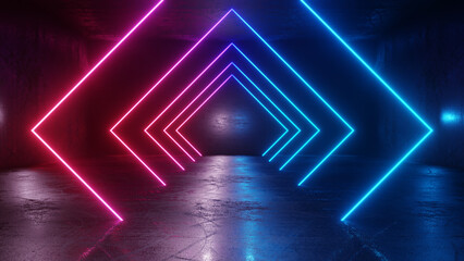 Poster - Neon lines square glowing, abstract background pink blue and purple neon lights colors, 3D rendering