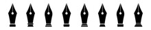 Set With Old Fountain Pen Nibs Vector Icons. Retro Fountain Nib Pen Tip. Vector 10 EPS.