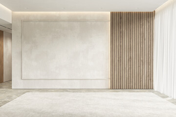 contemporary beige white bright empty interior with wall panel and moldings. 3d render illustration 