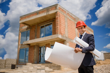 Wall Mural - Engineer architect is holding a paper plan of a building at the construction site..