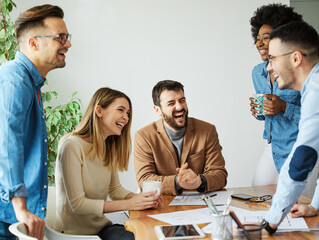 Wall Mural - young business people meeting office teamwork happy  success corporate discussion casual startup desk