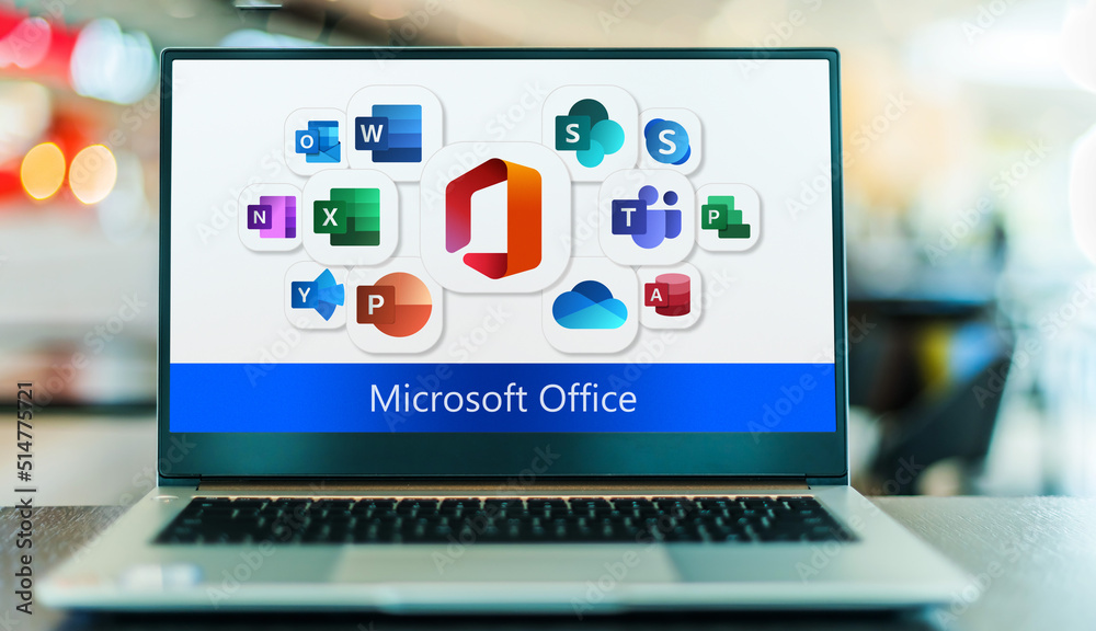 Laptop computer displaying logos of Microsoft Office Stock Photo ...