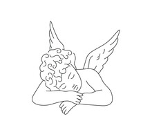 Vector Isolated Curly Haired  Sleeping Angel With His Head In His Hands Bust Colorless Black And White Contour Line Doodle Drawing