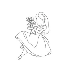 Vector isolated cute fairytale cartoon girl Alice in dress and ribbon on her head colorless black and white contour line drawing