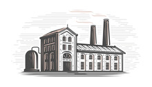 Industrial Factory Building Logo Design. Manufacturing And Industrial Production Emblem. Vintage Vector Illustration