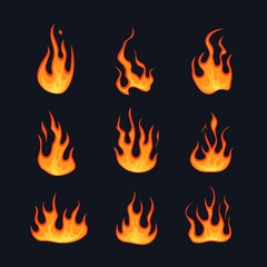 Poster - Varieties of flames set. Red blazing fires with yellow gradient