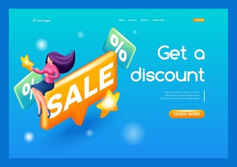Poster - 3d isometric, cartoon. girl character shop at an online store. online shopping concept. trending lan