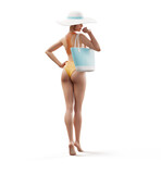 Fototapeta Londyn - Unusual 3d illustration of a beautiful slender female with handbag on a tropical island at the ocean. Summertime. Traveling and vacation concept