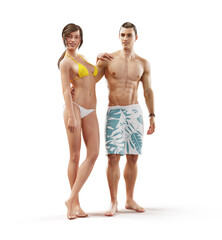 Poster - Unusual 3d illustration of a beautiful young couple in swimming clothes. Summertime. Traveling and vacation concept