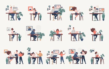 Poster - set of freelance people working remotely. a collection of men and women use a laptop at a convenient