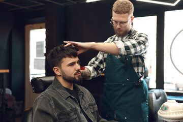 Wall Mural - Professional hairdresser working with bearded client in barbershop