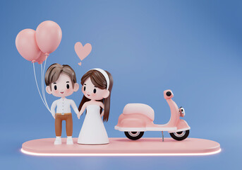 3d rendering illustration.The couple had a happy wedding day with a motorcycle next to him.