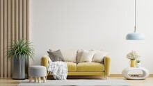 White Minimalist Interior Living Room Have Yellow Sofa And Decoration Minimal.