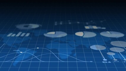 Fototapete - Business statistics display with financial charts and world map on background. 4k animation for stock market and financial presentation.