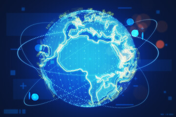 Poster - Hologram of globe. A holographic projection of planet earth. Flickering energy particles on blurry creative dark background. Science, future and globalization concept. 3D Rendering.