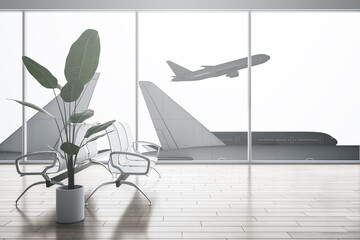 Poster - Creative airport waiting area interior with reflections on floor, wooden flooring, decorative plants, benches, window with aircraft view and daylight. 3D Rendering.