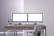 © Who is Danny - Front view on two blank white illuminated monitor screens with place for your logo or text on light wooden office table on light wall background. 3D rendering, mock up
