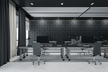 Poster - Bright dark concrete coworking office room interior with window, city view, curtains and furniture. 3D Rendering.