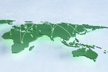 Poster - Creative green world map with arrows on light backdrop. Geography and education concept. 3D Rendering.