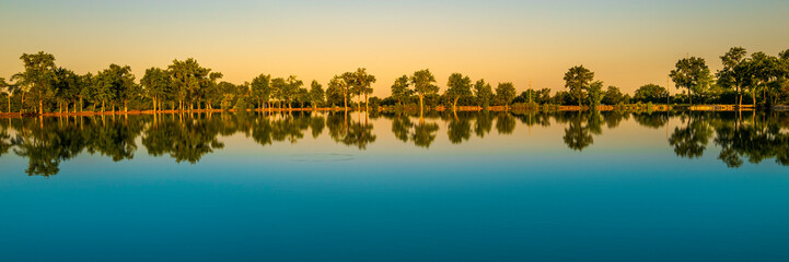 Wall Mural - Tranquil water reflections of the cottonwood trees at Deshler Reservoir Park in Ohio