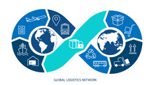 Global Logistics Network. Map Global Logistics Partnership Connection In Blue. Infinity Concept.  White Similar World Map And Logistics Icons For Your Design.  EPS10.